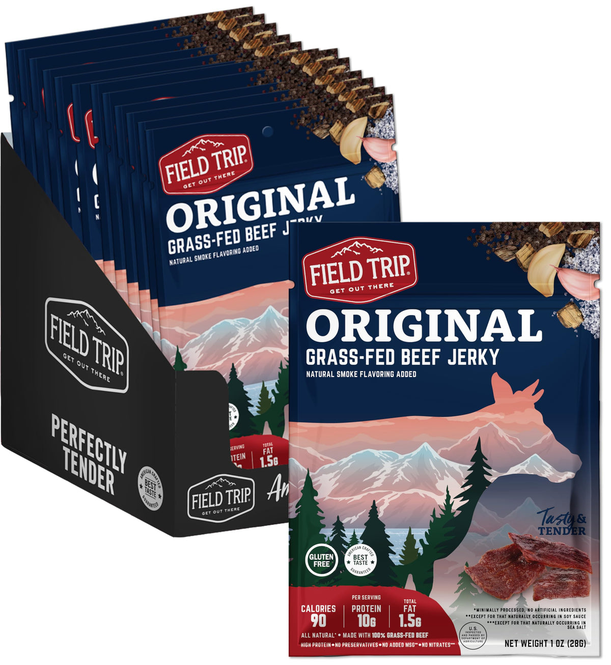 Field Trip Beef Jerky Original 1oz bag, premium grass-fed flavor for on-the-go snacking.
