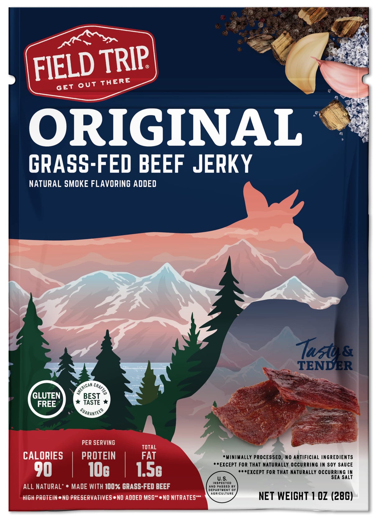 Field Trip Beef Jerky Original carton with 12 bags offers convenient multi-pack snacking.