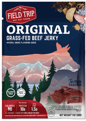 Field Trip Beef Jerky Original carton with 12 bags offers convenient multi-pack snacking.