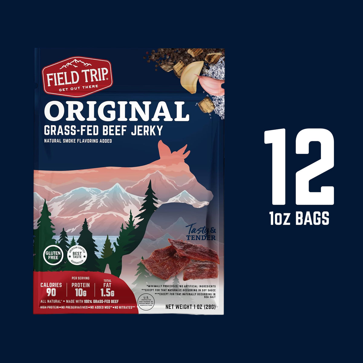 Grass-fed beef badge on Field Trip Jerky Original signals quality sourcing.
