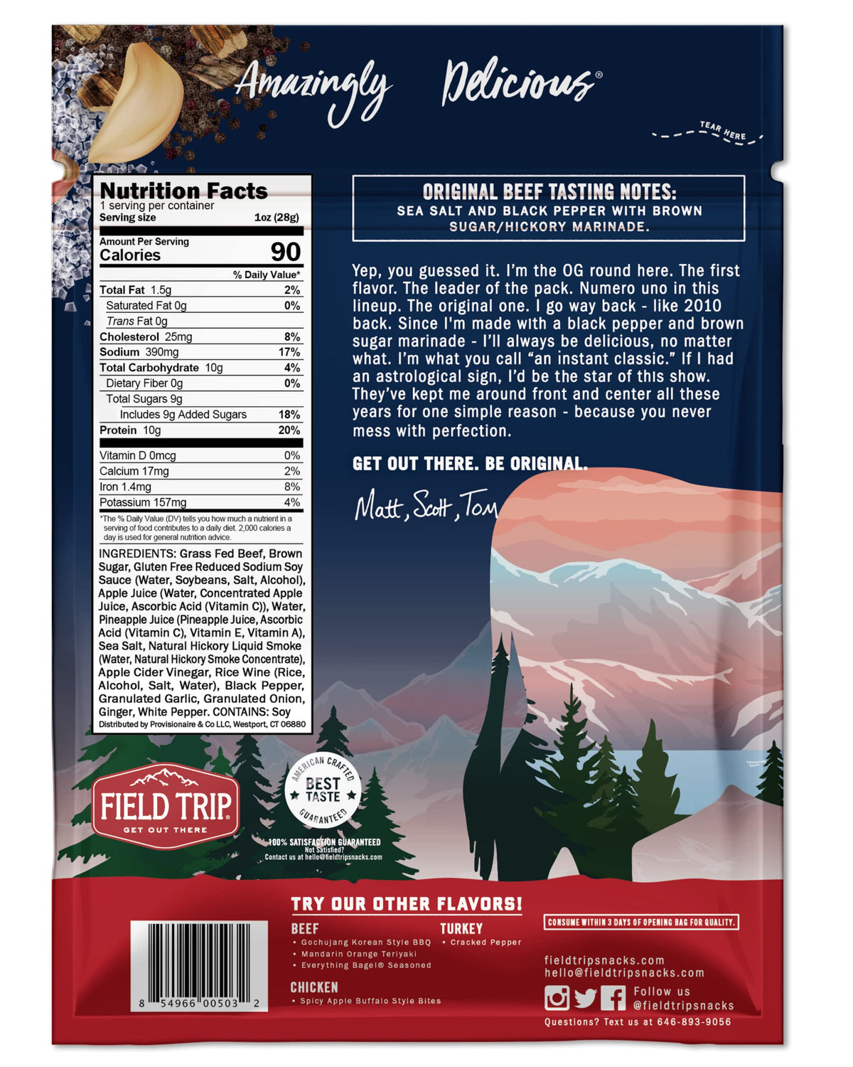 Packaging closeup of Field Trip Beef Jerky Original showcases quality ingredients.