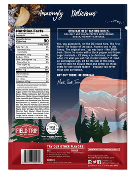 Packaging closeup of Field Trip Beef Jerky Original showcases quality ingredients.