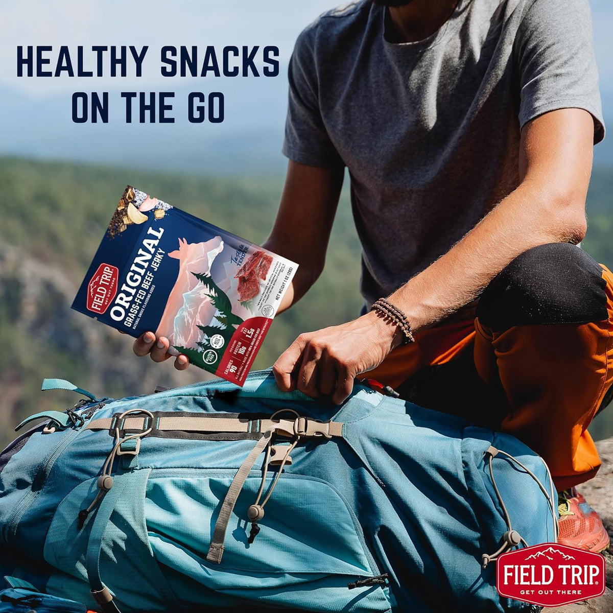 Field Trip Beef Jerky Original packaging in hand for grab-and-go.
