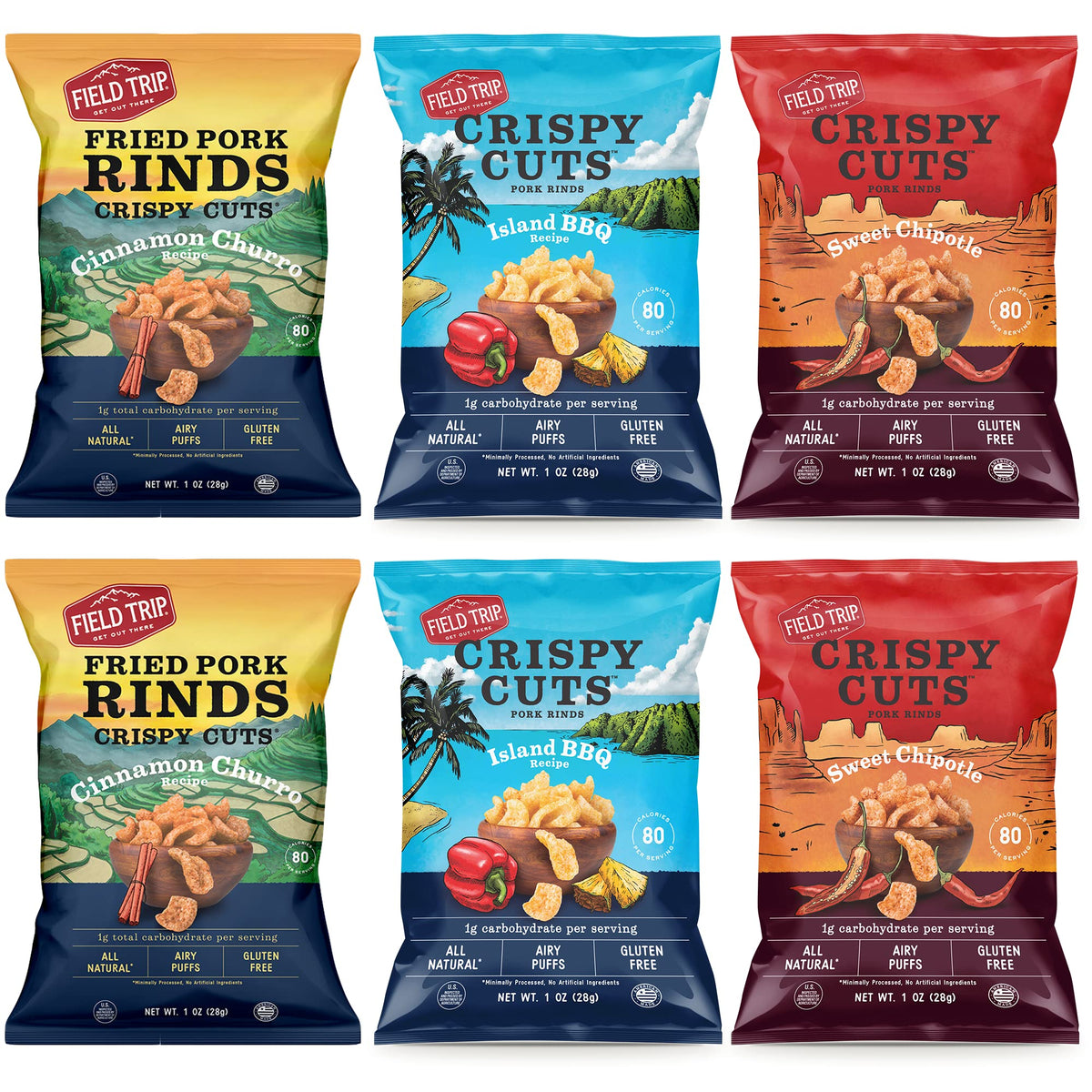 Field Trip Island BBQ pork rinds close-up, bold flavor for on-the-go snacking.