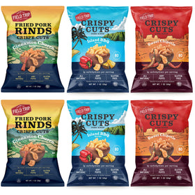 Field Trip Island BBQ pork rinds close-up, bold flavor for on-the-go snacking.