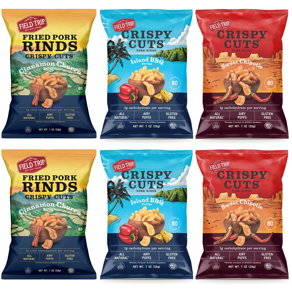 Field Trip Island BBQ pork rinds close-up, bold flavor for on-the-go snacking.