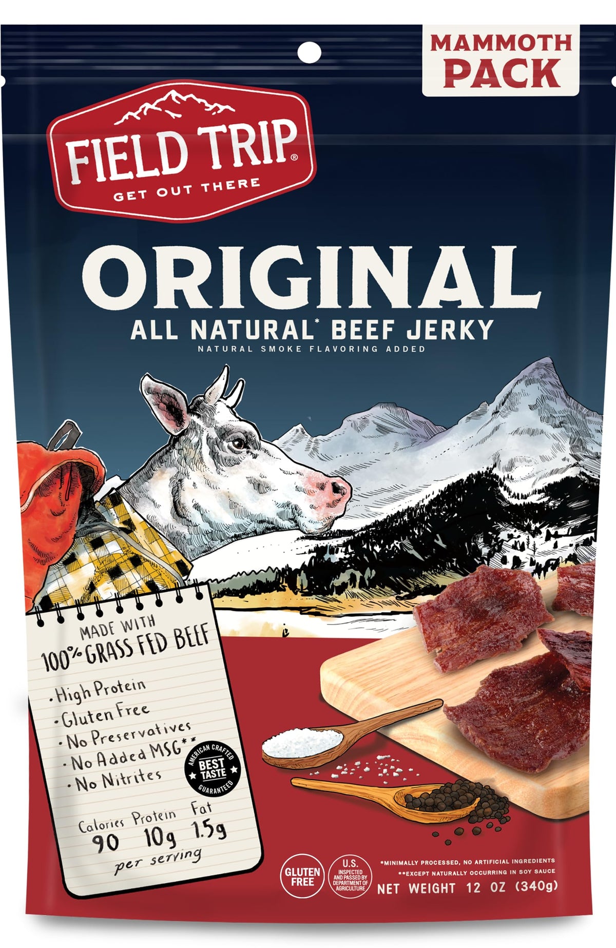Field Trip Original beef jerky packaging showing grab-and-go snack in a resealable bag