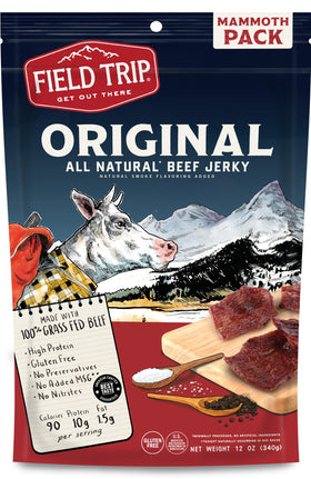 Field Trip Original beef jerky packaging showing grab-and-go snack in a resealable bag