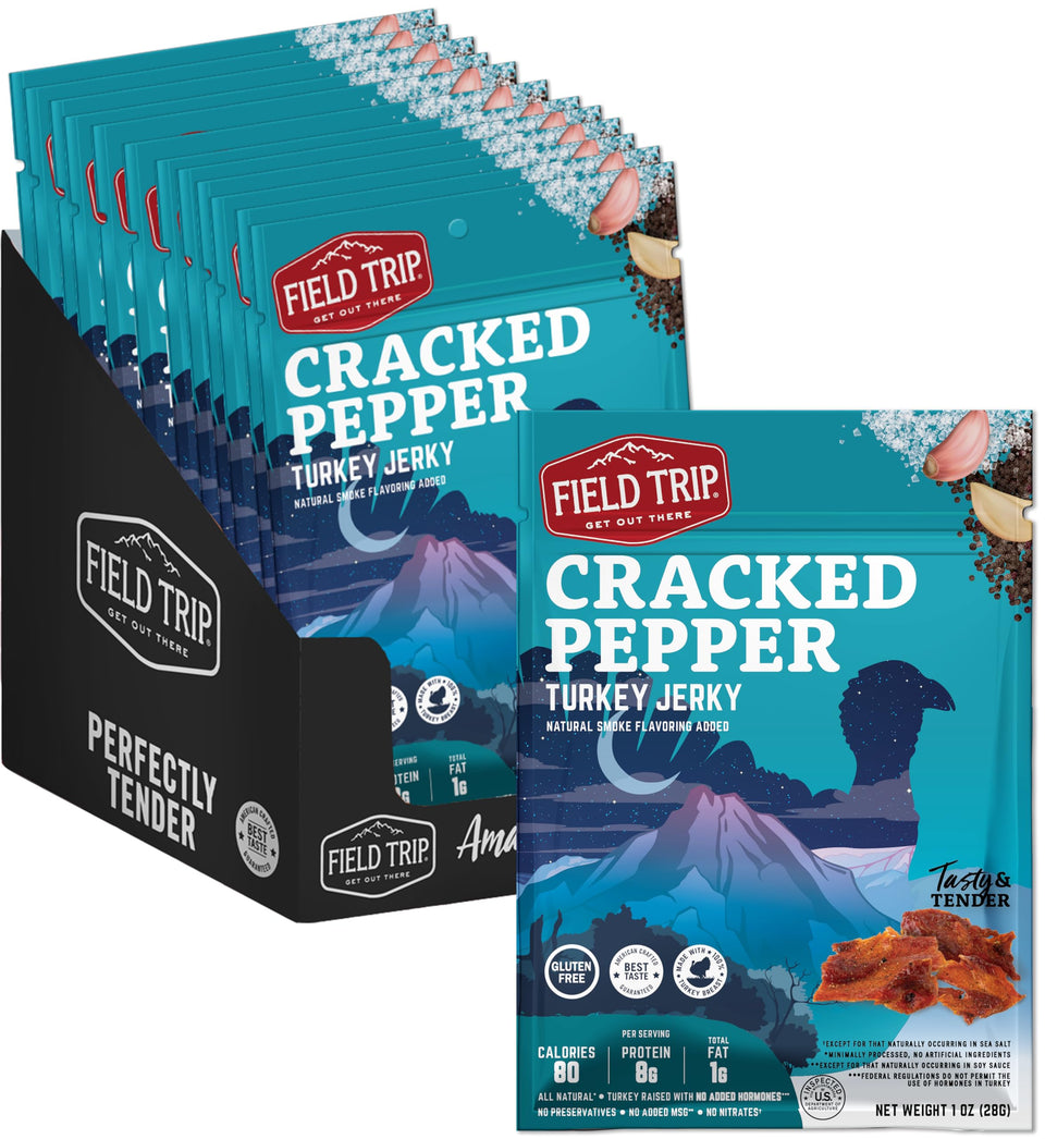 Field Trip Turkey Jerky cracked pepper 1oz bag for on-the-go protein.