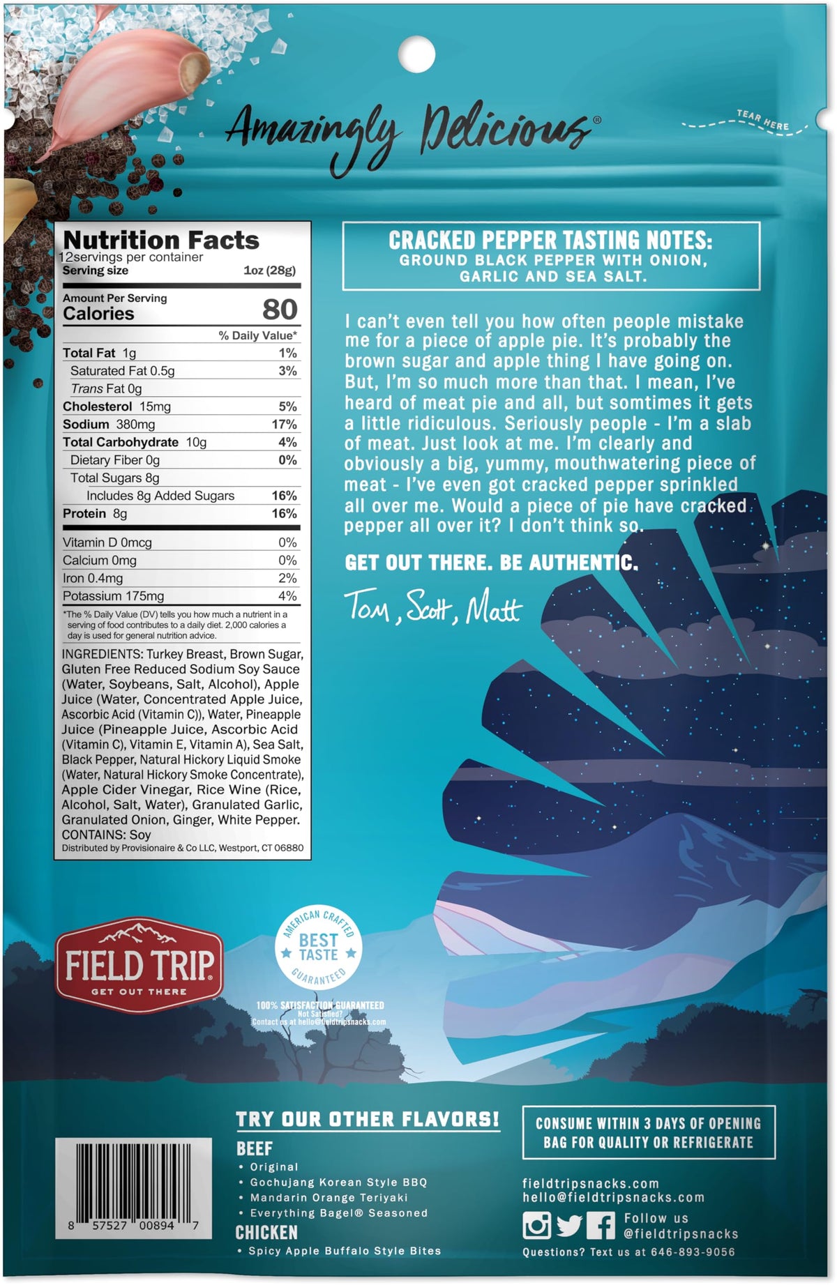 Field Trip Turkey Jerky cracked pepper bag back highlights ingredients and gluten-free claim