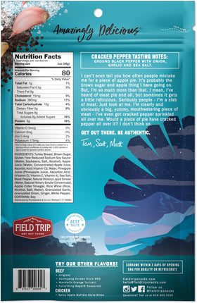 Field Trip Turkey Jerky cracked pepper bag back highlights ingredients and gluten-free claim
