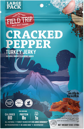 Field Trip Turkey Jerky cracked pepper bag front shows portable, high-protein snack