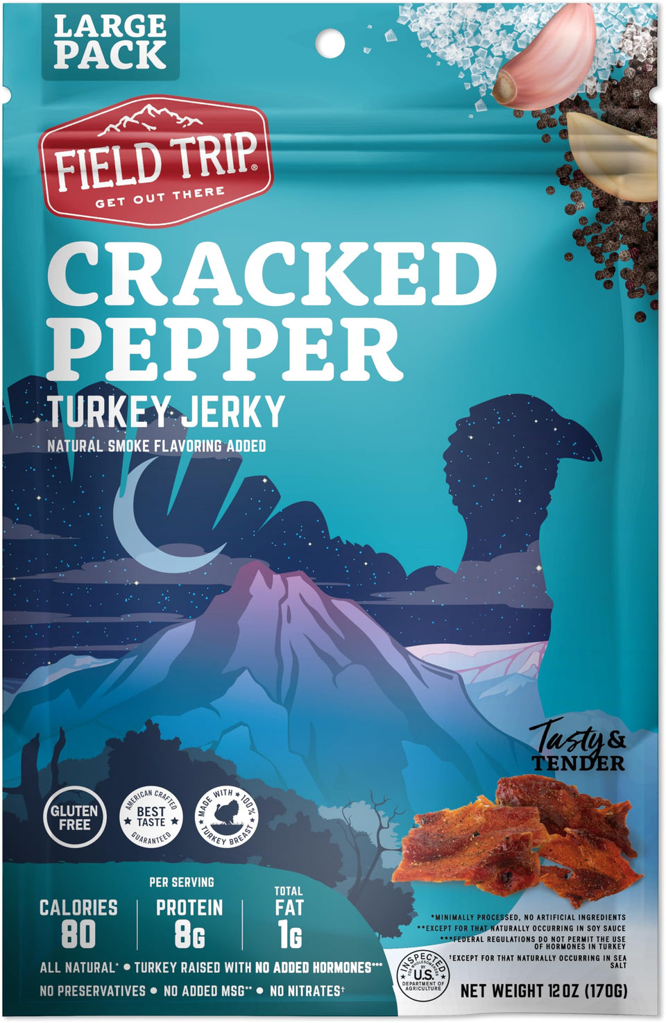 Field Trip Turkey Jerky cracked pepper bag front shows portable, high-protein snack