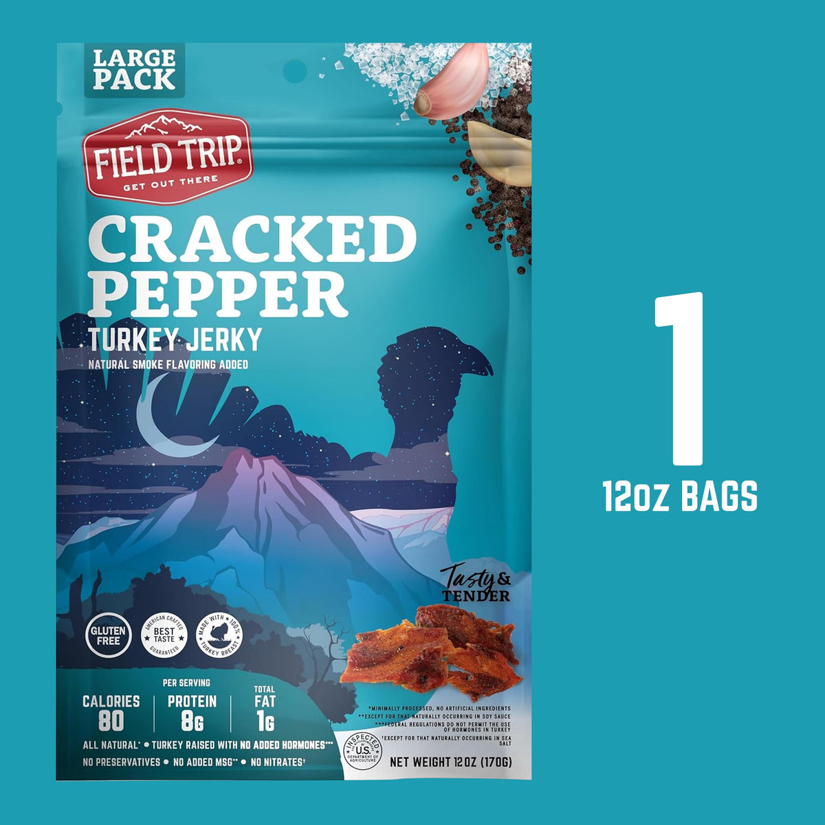 Field Trip Turkey Jerky cracked pepper packaging USA signals USA-made jerky quality
