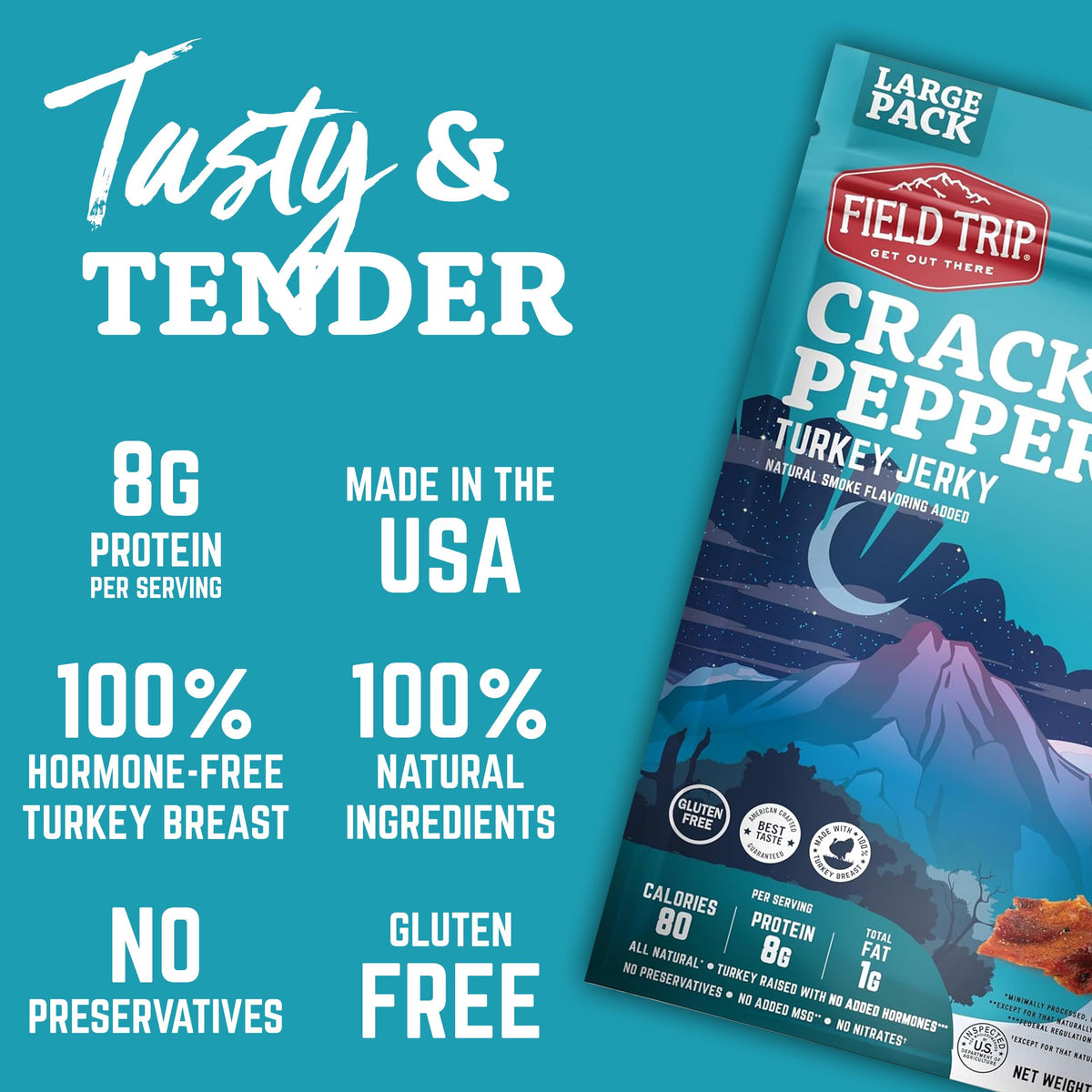 Field Trip Turkey Jerky cracked pepper served slice shows ready-to-eat portions