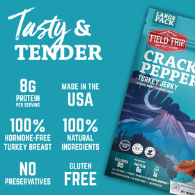 Field Trip Turkey Jerky cracked pepper served slice shows ready-to-eat portions