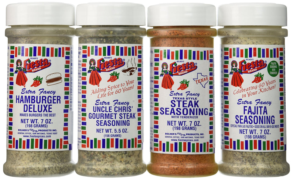 Fiesta Bolner's Extra Fancy Texas Barbeque Seasoning bundle ready for grilled steaks and fajitas.