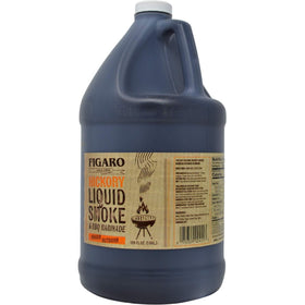 Figaro Hickory Liquid Smoke bottle pour highlights smoky flavor enhancement for grilled meats