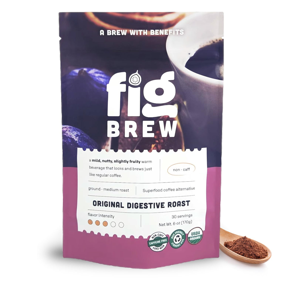 FigBrew Digestive Roast 6oz bag packaging ready to brew, caffeine-free.