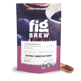 FigBrew Digestive Roast 6oz bag packaging ready to brew, caffeine-free.