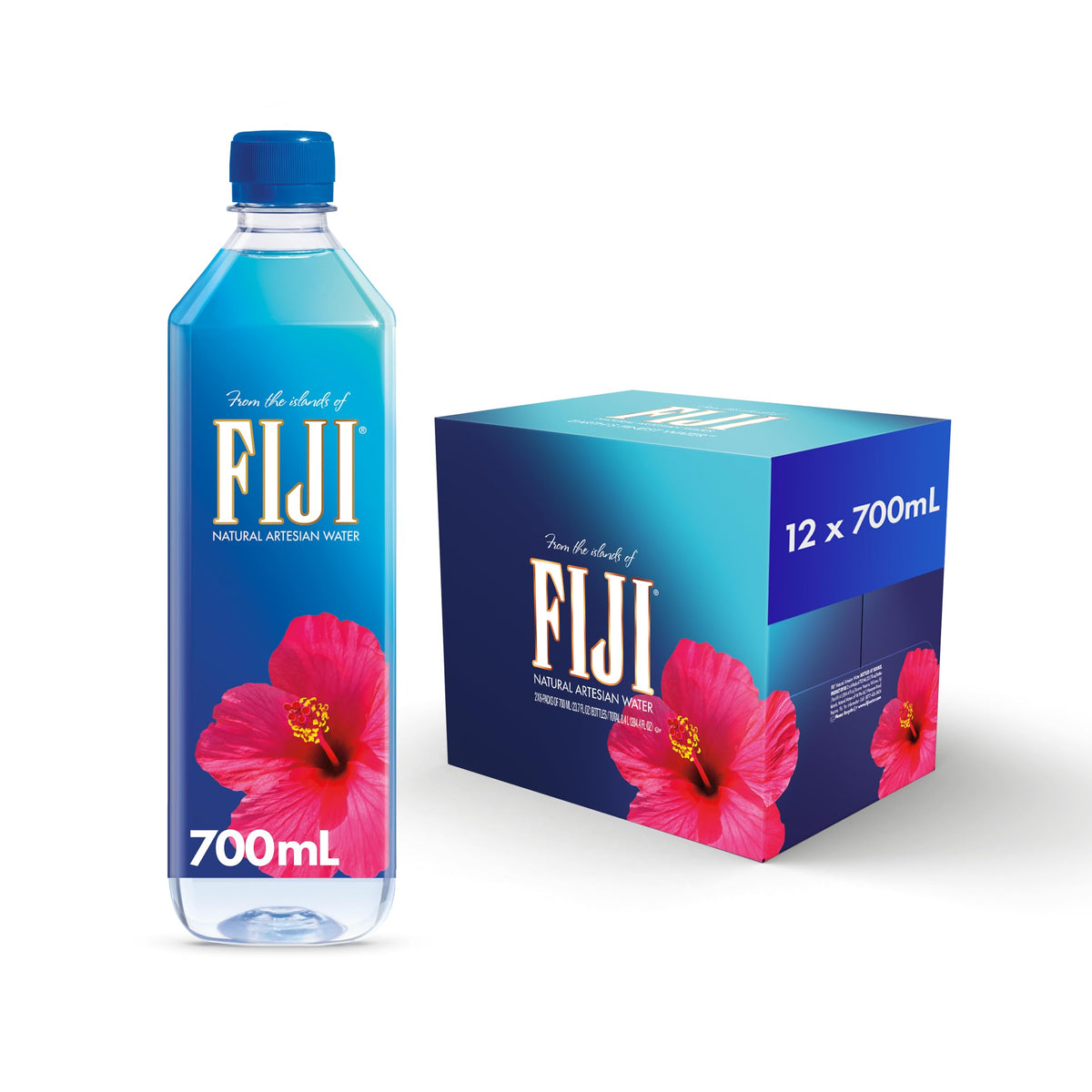FIJI Water 700mL bottle close-up for premium hydration with a smooth, refreshing taste.