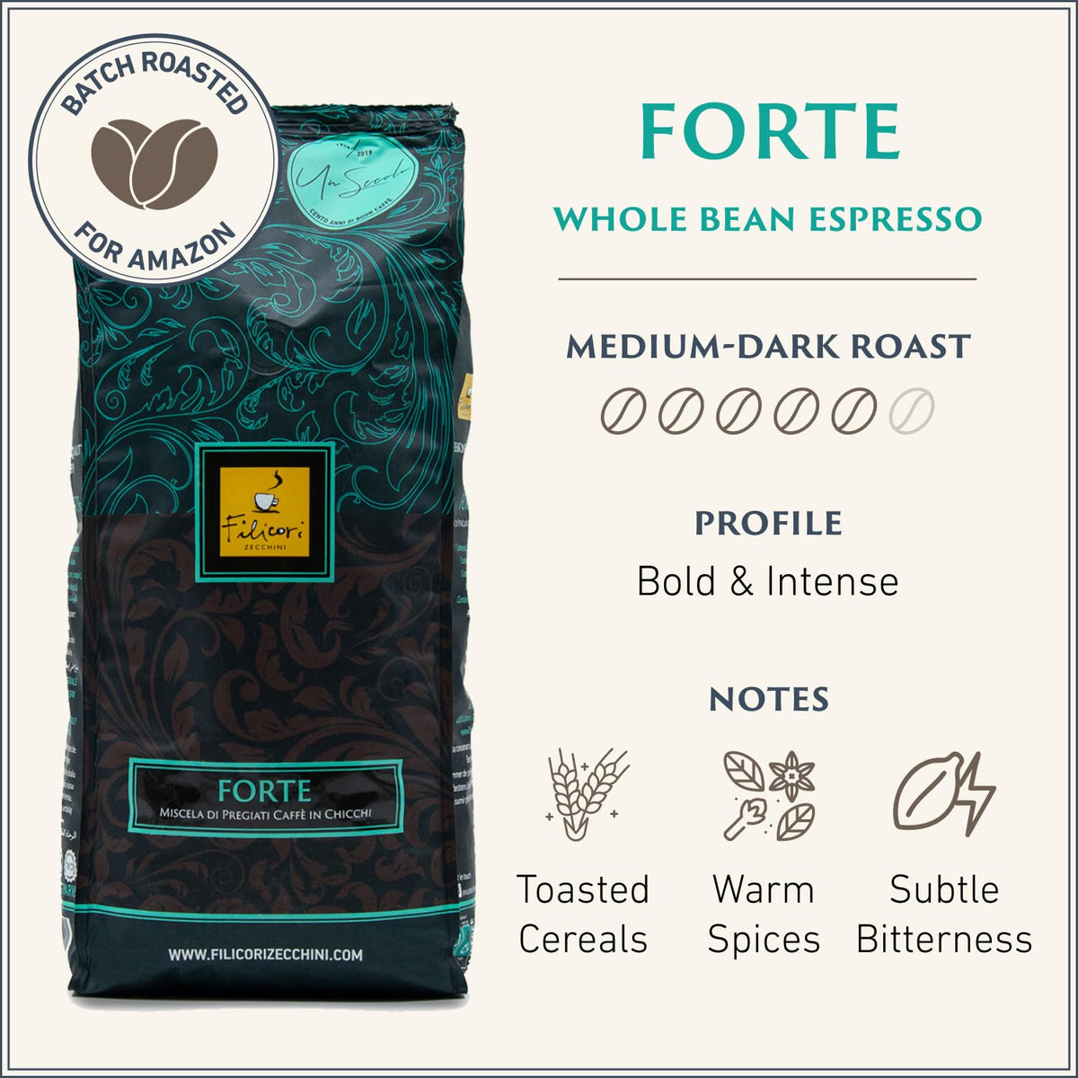 Filicori Zecchini dark roast beans in pour-ready shot highlighting bold body.