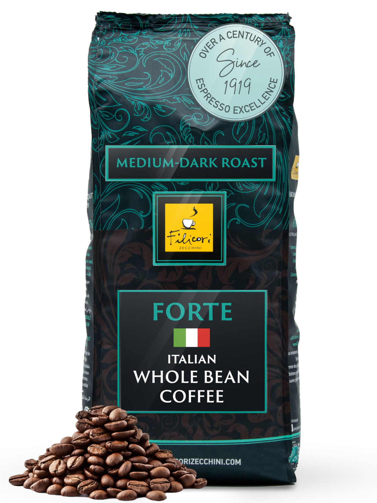 Filicori Zecchini Forte Italian espresso beans in a bag for bold, rich flavor at home.