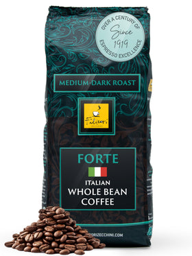 Filicori Zecchini Forte Italian espresso beans in a bag for bold, rich flavor at home.