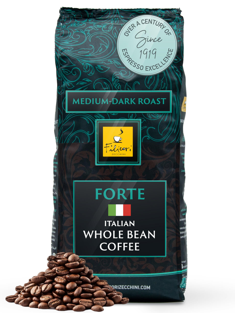 Filicori Zecchini Forte Italian espresso beans in a bag for bold, rich flavor at home.