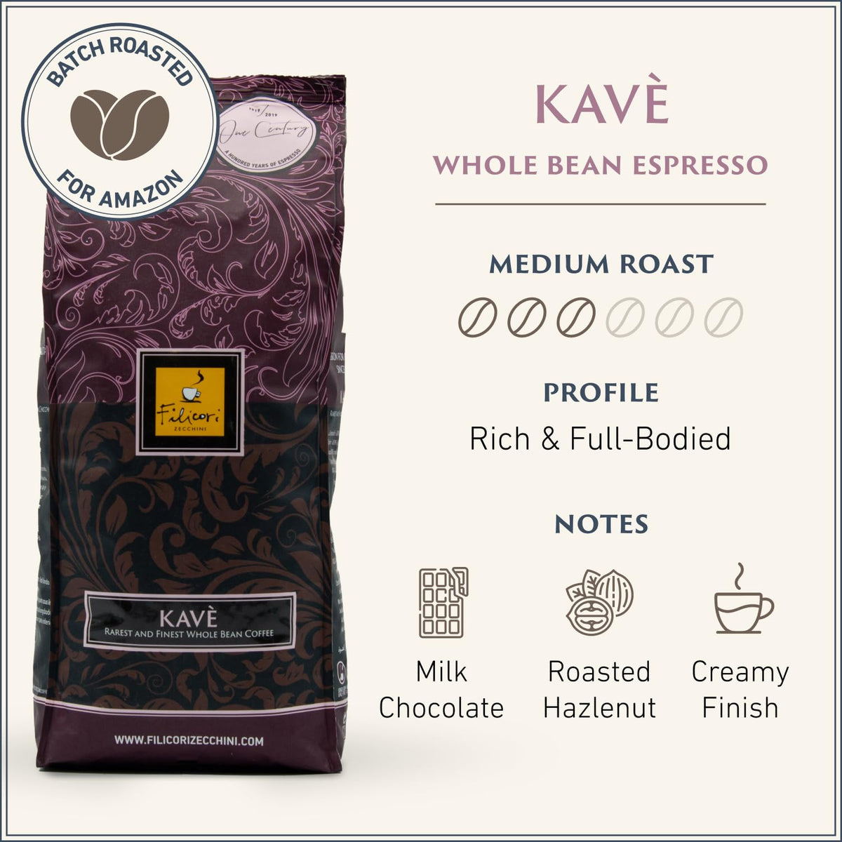 Close-up of Filicori Zecchini Kave beans showing smooth oils for espresso.