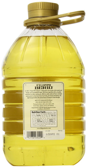 Filippo Berio Extra Light olive oil bottle back, low acidity suited for delicate sautéing