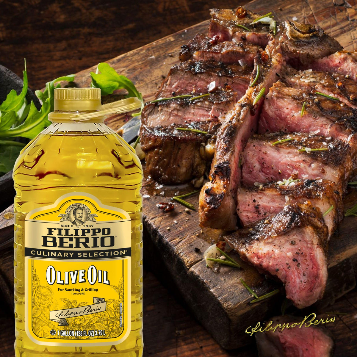 Filippo Berio Pure Olive Oil bright golden color enhances plated dishes