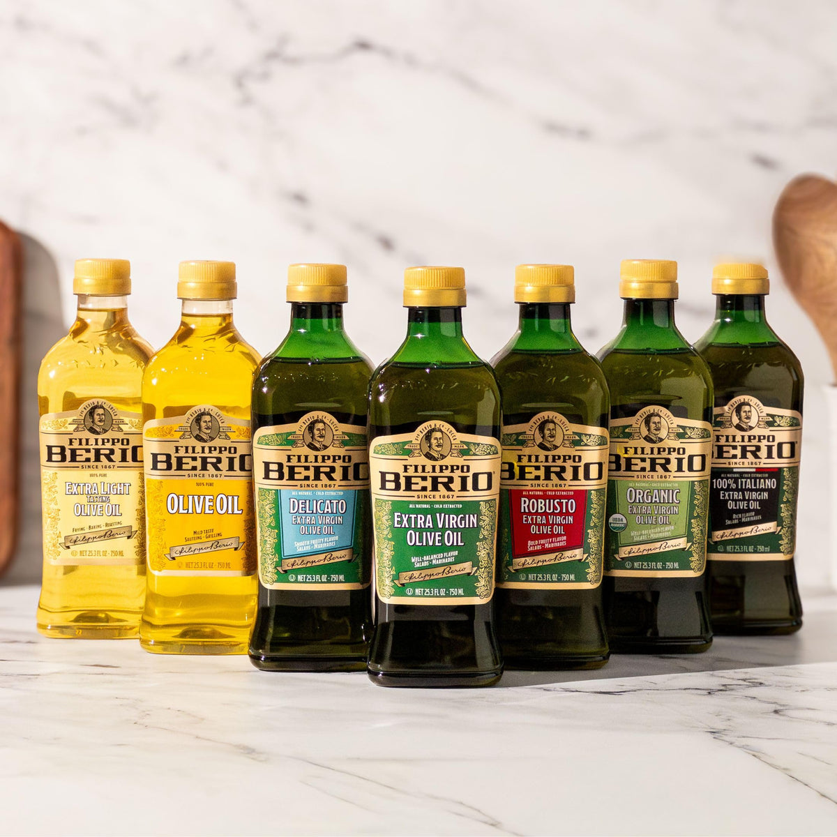 Filippo Berio Pure Olive Oil close-up emphasizes premium blend for everyday cooking