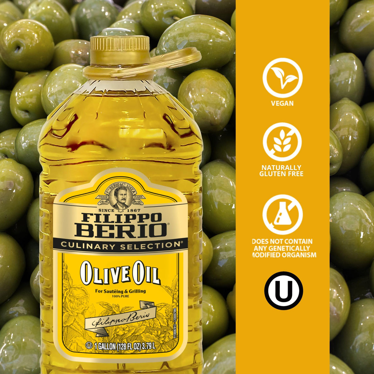 Filippo Berio Pure Olive Oil in sizzling pan highlights balanced flavor for roasting