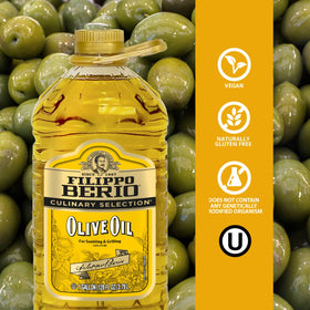 Filippo Berio Pure Olive Oil in sizzling pan highlights balanced flavor for roasting