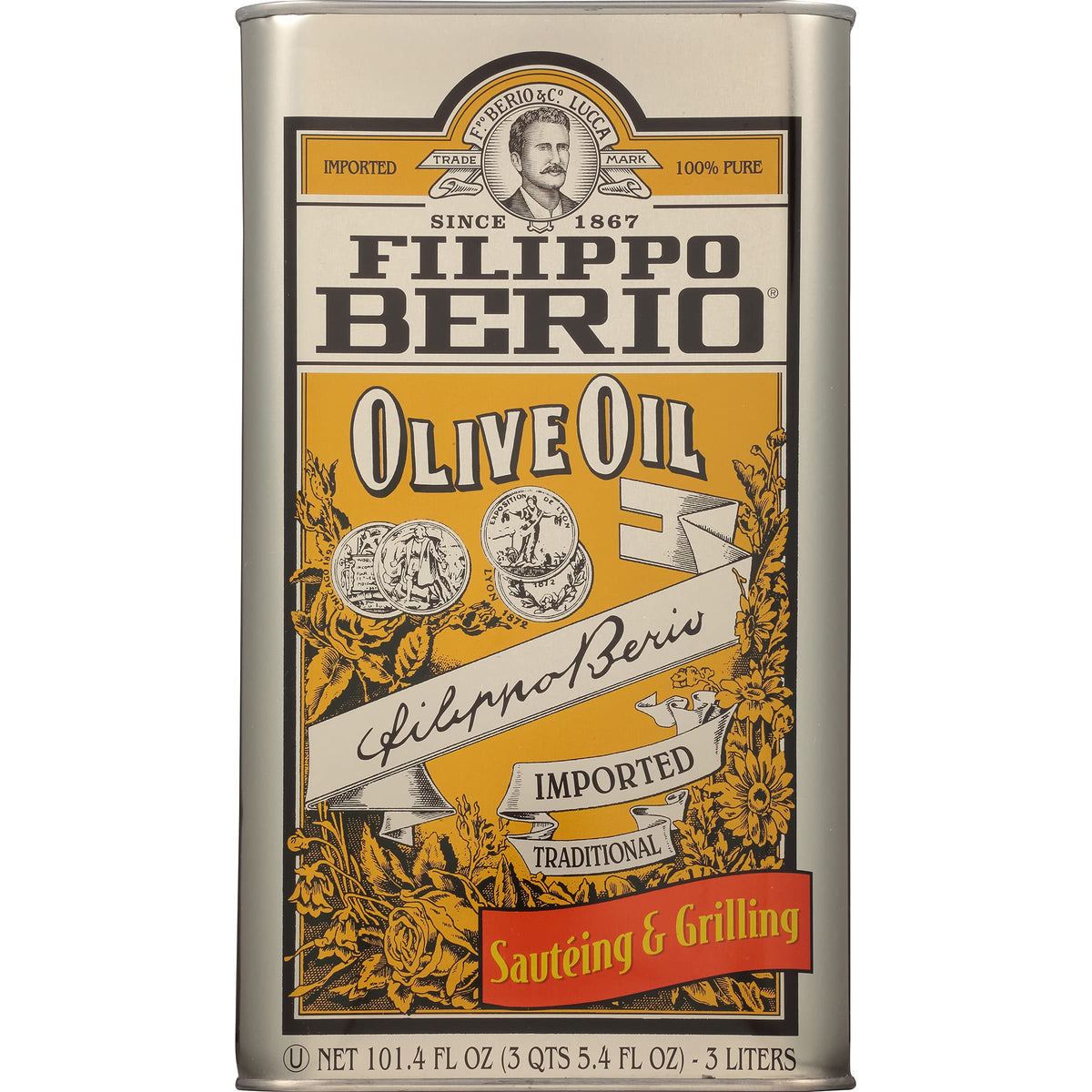 Filippo Berio Pure Olive Oil tin label highlights everyday quality.