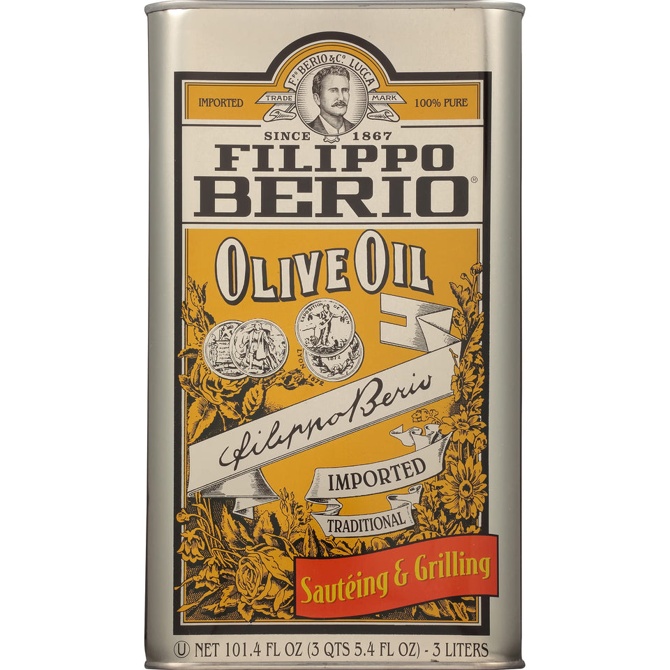 Filippo Berio Pure Olive Oil tin label highlights everyday quality.