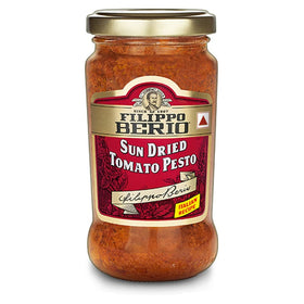 Filippo Berio Sun Dried Tomato Pesto jar for rich, authentic flavor in pasta sauces.