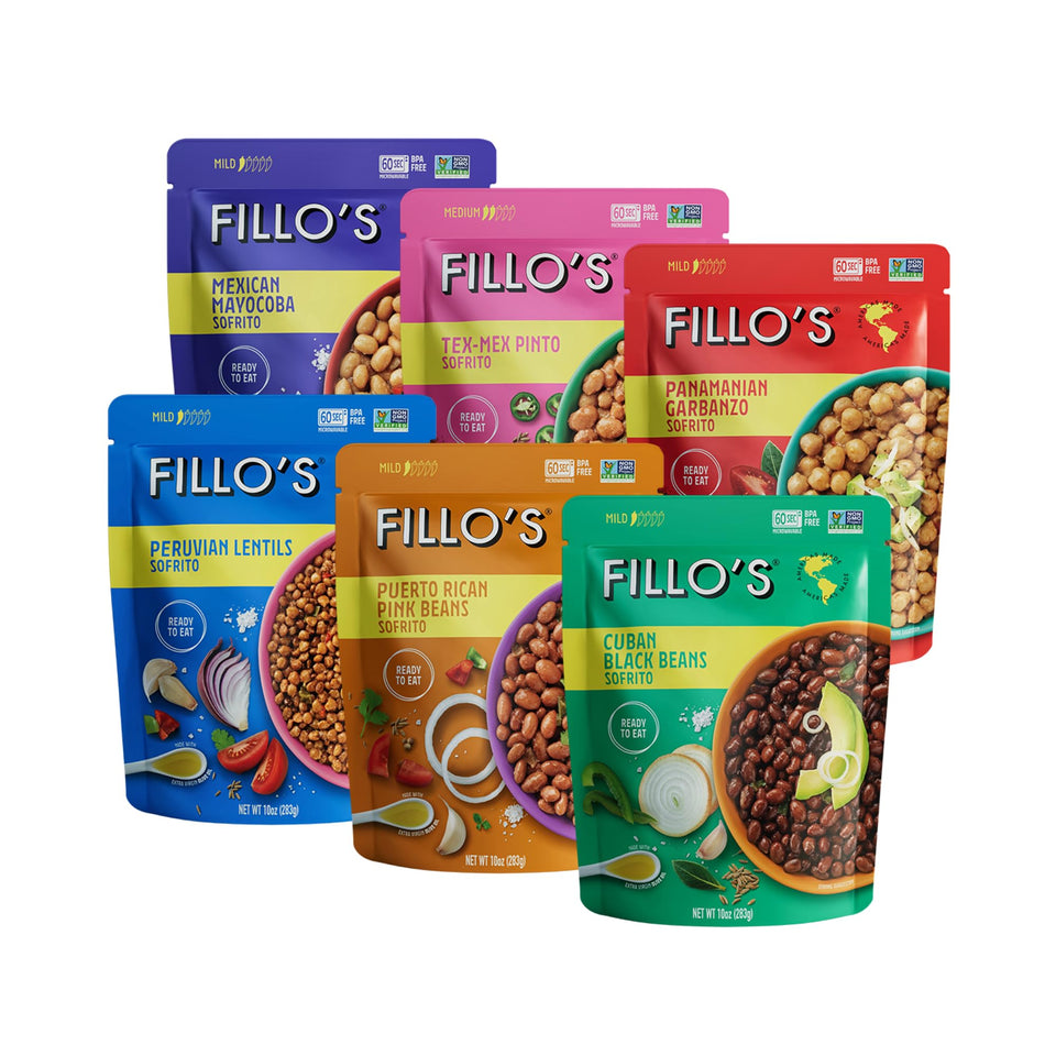 Fillo's Ready-to-Eat Variety Pack black beans pouch, convenient protein for meals on the go.