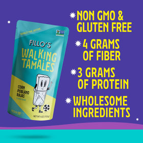 Fillo's Tamales Corn Poblano Rajas pouch highlights plant-based protein