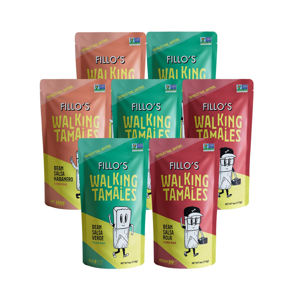 Fillo's Tamales Variety Pack box on kitchen counter for quick plant-based meals