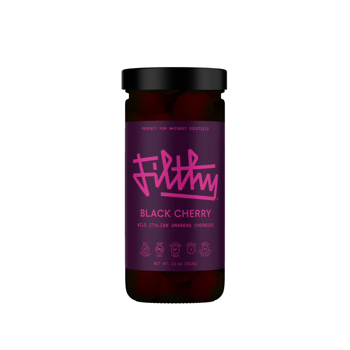 Filthy Food Amarena cherries jar closeup for premium cocktail garnish.