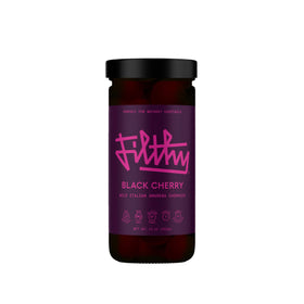 Filthy Food Amarena cherries jar closeup for premium cocktail garnish.