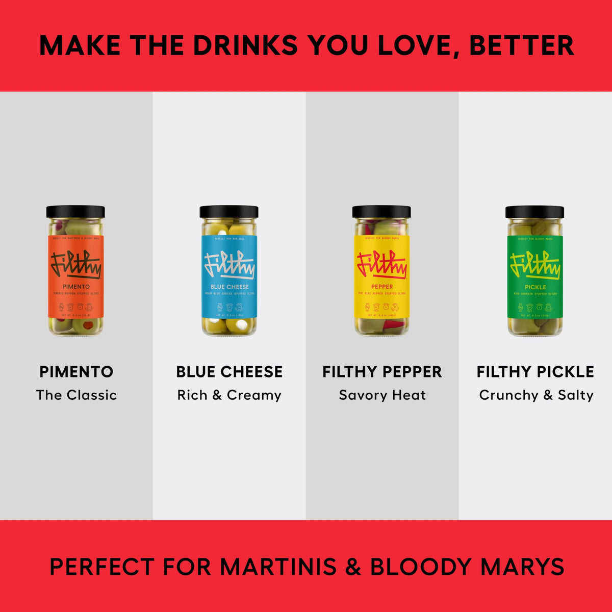 Filthy Food bar-grade olives offer convenient, gourmet garnish for entertaining.