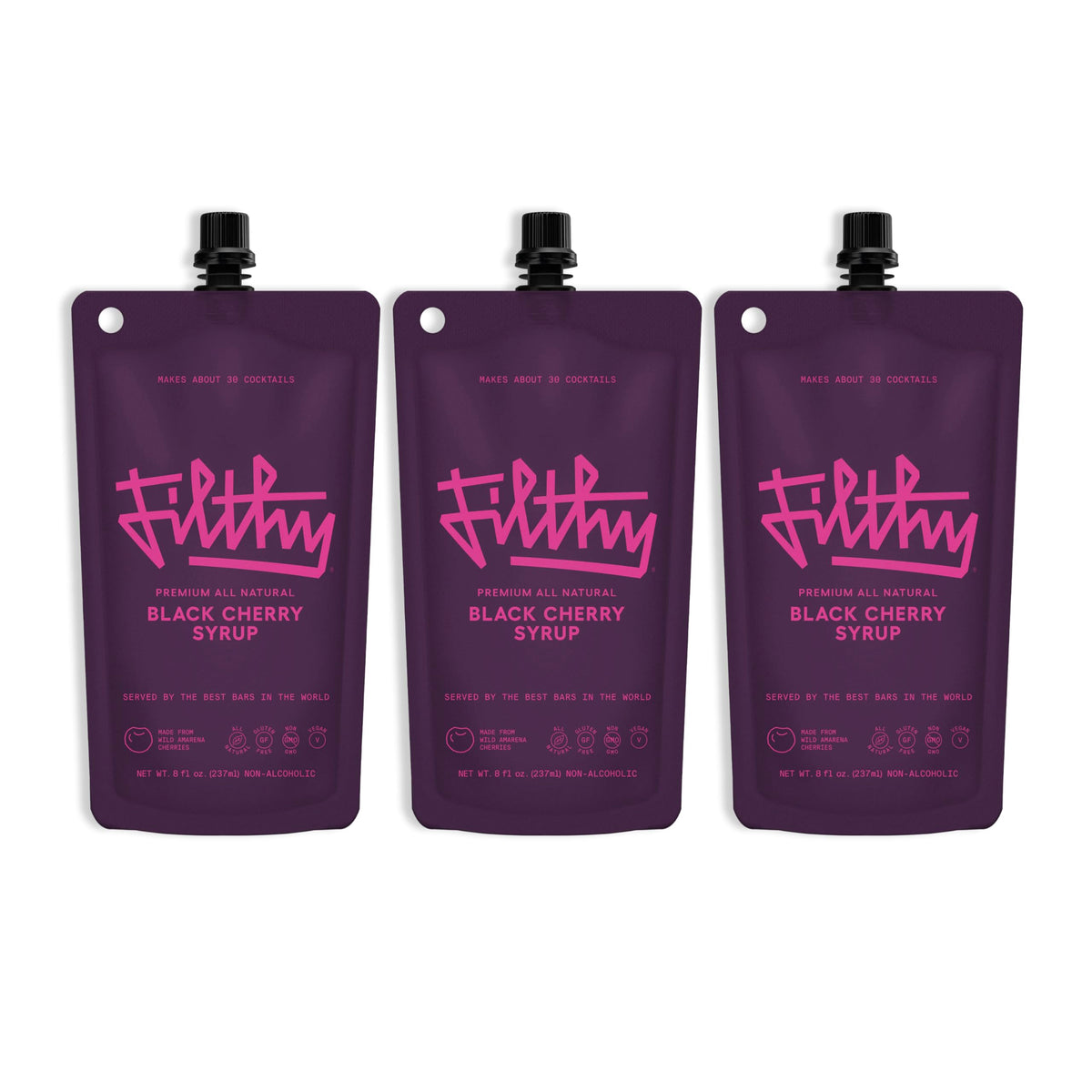 Filthy Food black cherry syrup bottle shows all-natural ingredients for rich cocktails.