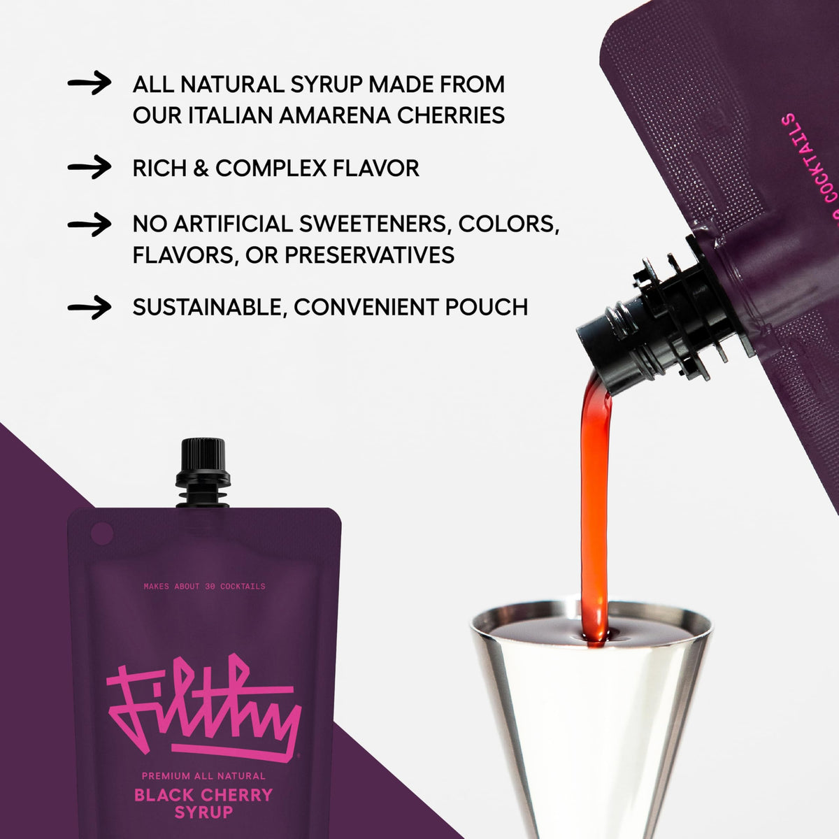 Glass with Filthy Food black cherry syrup cocktail, showcasing bold cherry color.