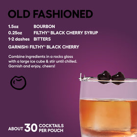 Ingredients panel for Filthy Food black cherry syrup highlighting non-GMO, gluten-free quality.