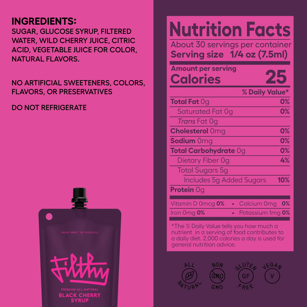 Resealable pouch of Filthy Food black cherry syrup keeps flavor fresh between uses.