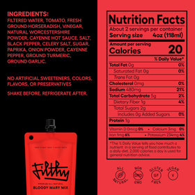 Filthy Food Bloody Mary glass with garnish shows fresh-tomato taste.
