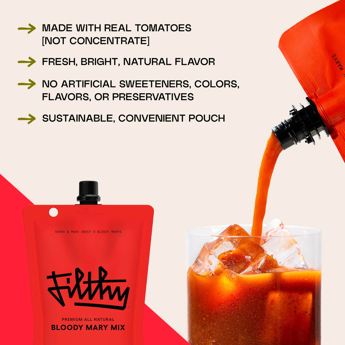 Filthy Food Bloody Mary Mix bottle close-up with savory spice blend.